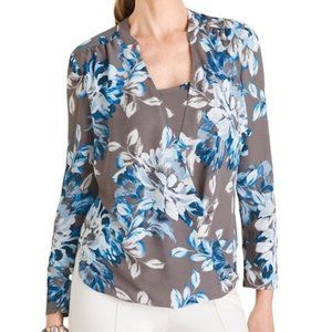 New Chico's Floral Print Surplice Layered Wrap Blouse Grey Blue Size Large / 12